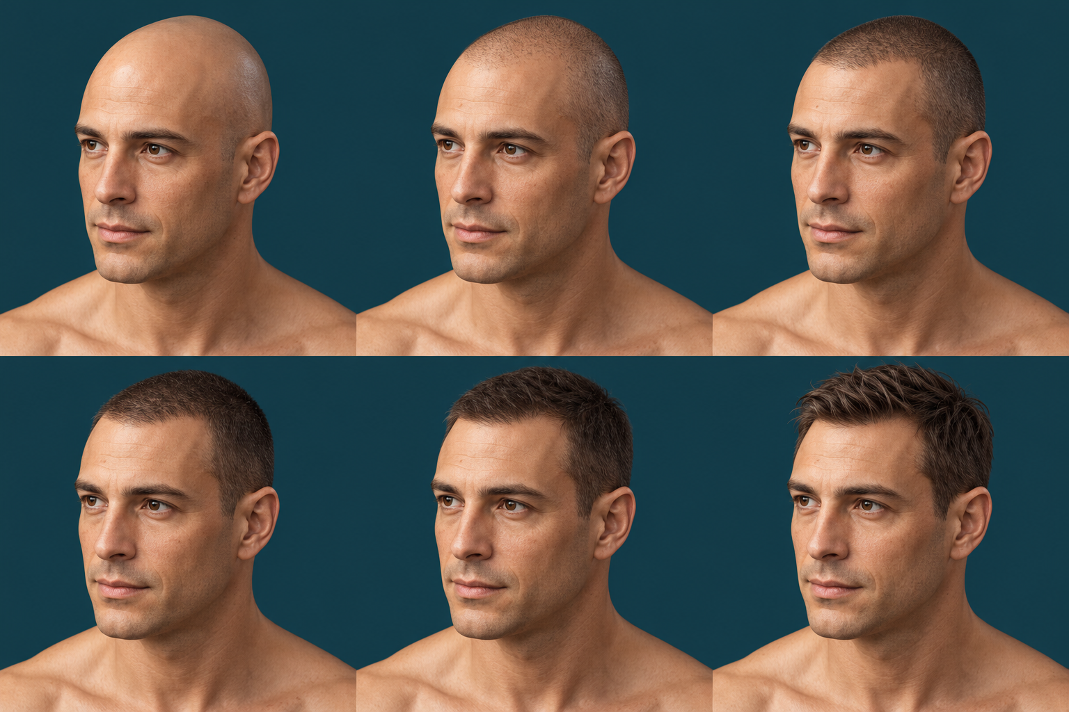 Ilustração digital de uma cabeça masculina, apresentada em uma animação de crescimento dos cabelos